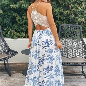 Ivory and Blue Floral Maxi Dress With Lace Back
